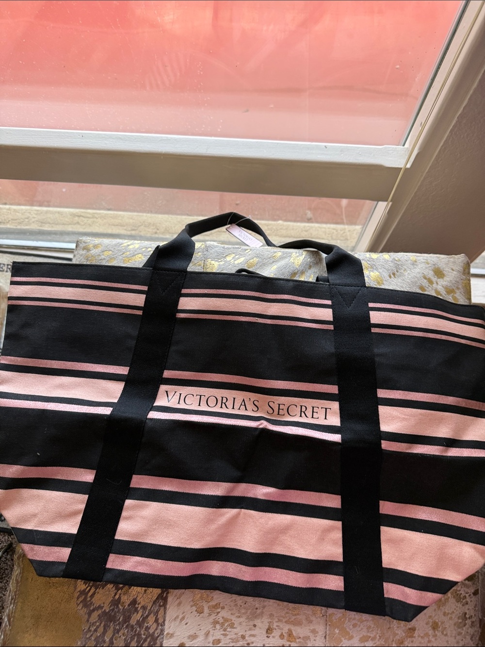 NWT Victoria's Secret Black and Pink Striped Tote